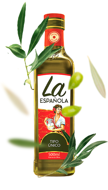 La Española Pure Olive Oil bottle bottle with tile and olives in the background